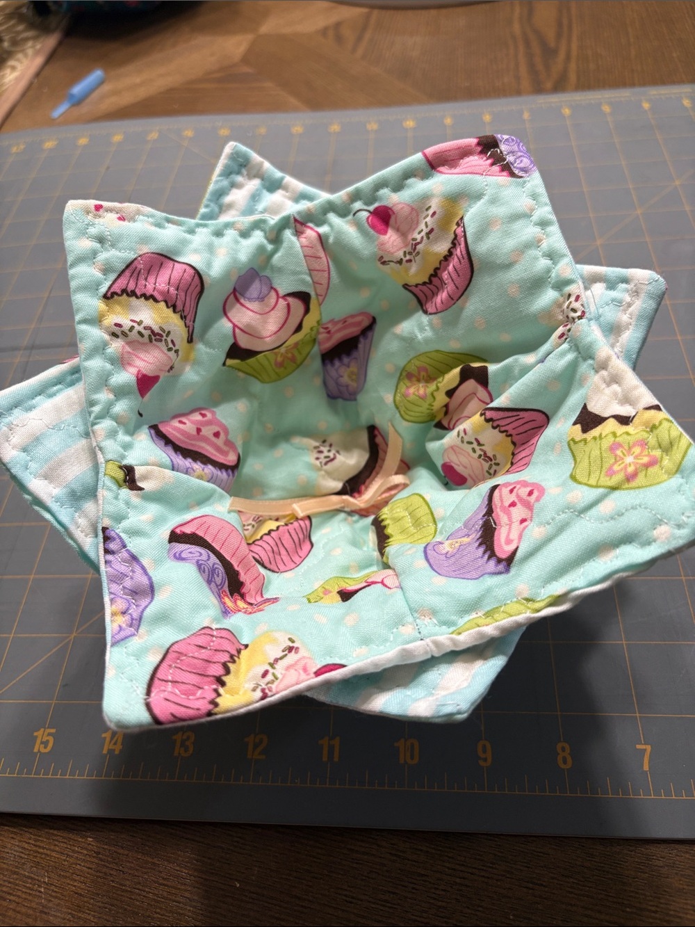 set of two smaller bowl cozies. Cupcake Print Fabric  - Pink & Aqua